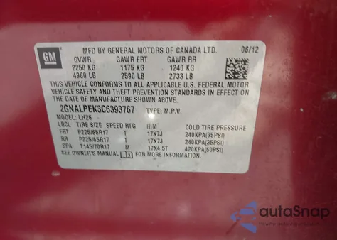 2012 Chevrolet Equinox 2Lt z USA, uszkodzony, nr VIN 2GNALPEK3C6393767